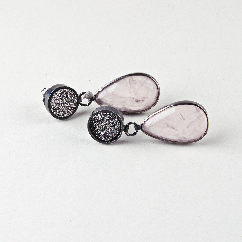 Pale pink rose quartz and black haematite drusy stud drop earrings