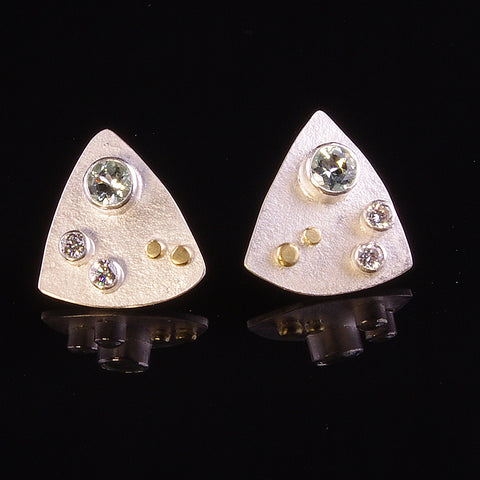 Aquamarine and and cubic zirconia triangular stud silver stud earrings